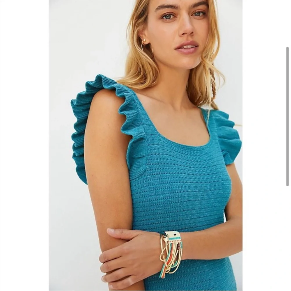 New! ANTHRO dress ruffle pointelle knit teal turquoise Anthropologie turquoise - Picture 3 of 7